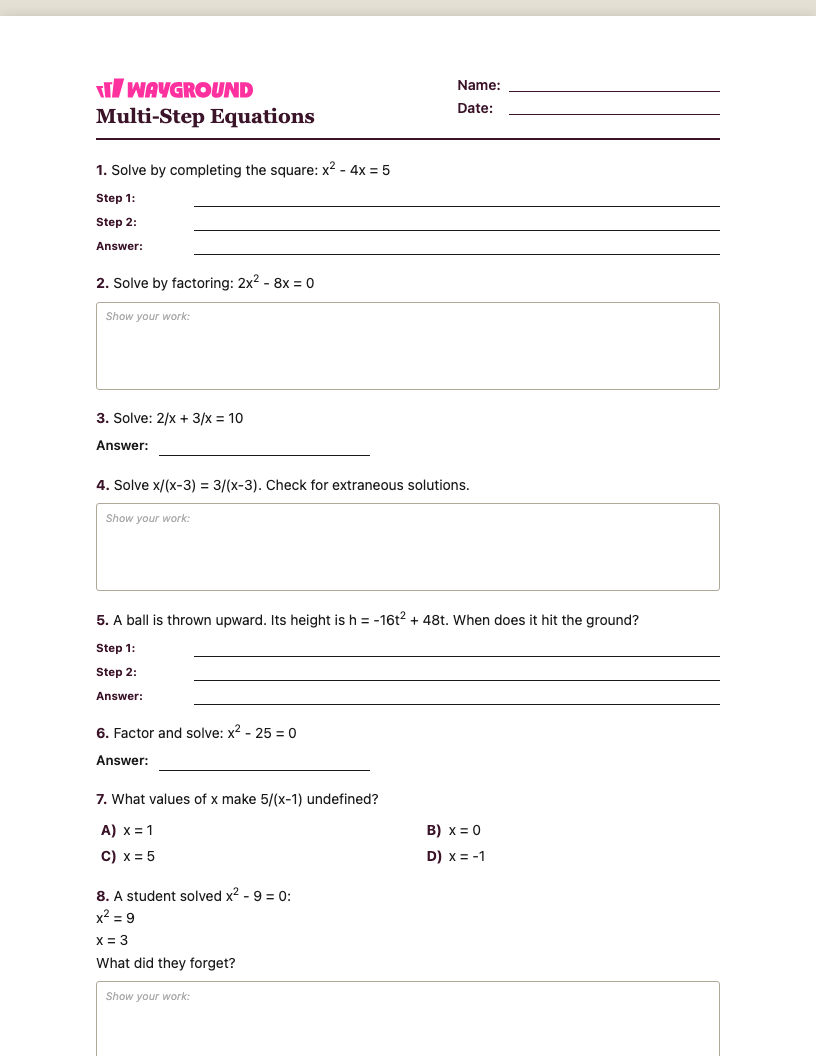 Multi-Step Equations Worksheet - Nadający się do druku Równania-wieloetapowe Karty-pracy Klasa 10 - Quizizz