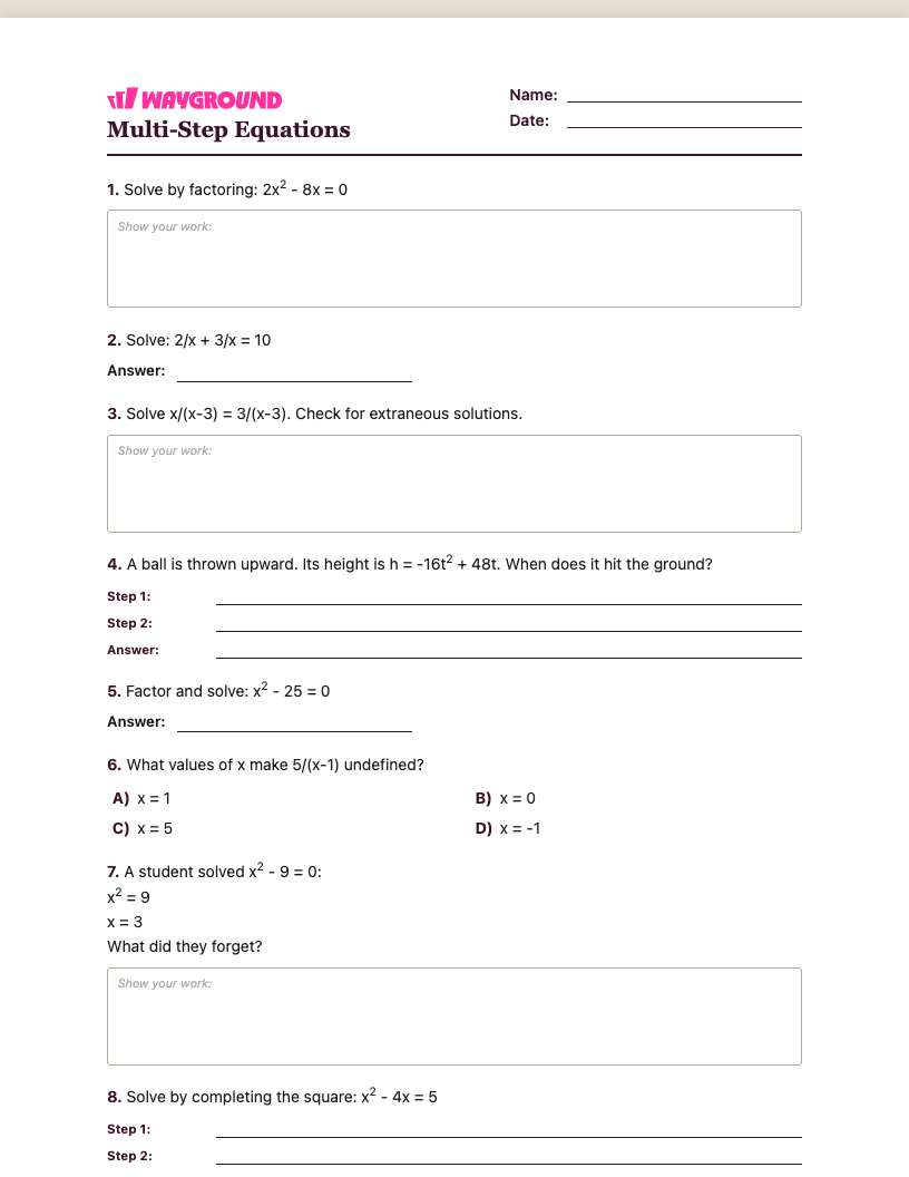 Multi-Step Equations Worksheet - Nadający się do druku Równania-wieloetapowe Karty-pracy Klasa 10 - Quizizz
