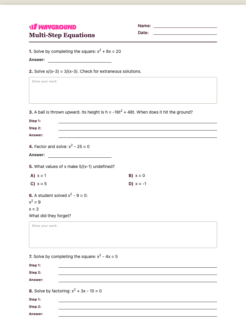 Multi-Step Equations Worksheet - Nadający się do druku Równania-wieloetapowe Karty-pracy Klasa 10 - Quizizz
