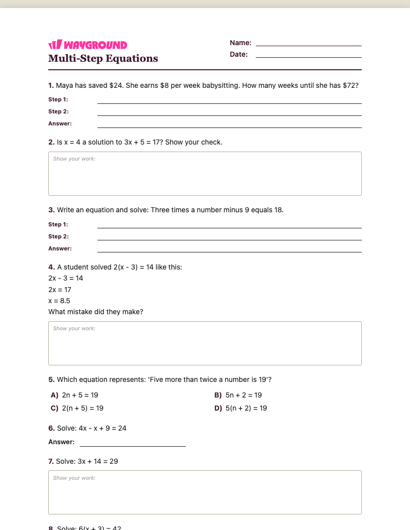 Multi-Step Equations Worksheet - Nadający się do druku Równania-wieloetapowe Karty-pracy Klasa 6 - Quizizz