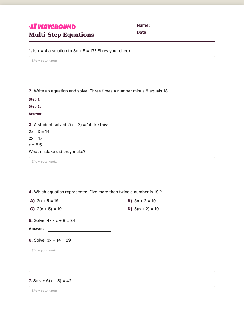 Multi-Step Equations Worksheet - Nadający się do druku Równania-wieloetapowe Karty-pracy Klasa 6 - Quizizz