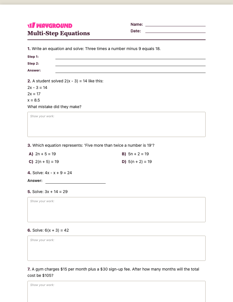 Multi-Step Equations Worksheet - Nadający się do druku Równania-wieloetapowe Karty-pracy Klasa 6 - Quizizz