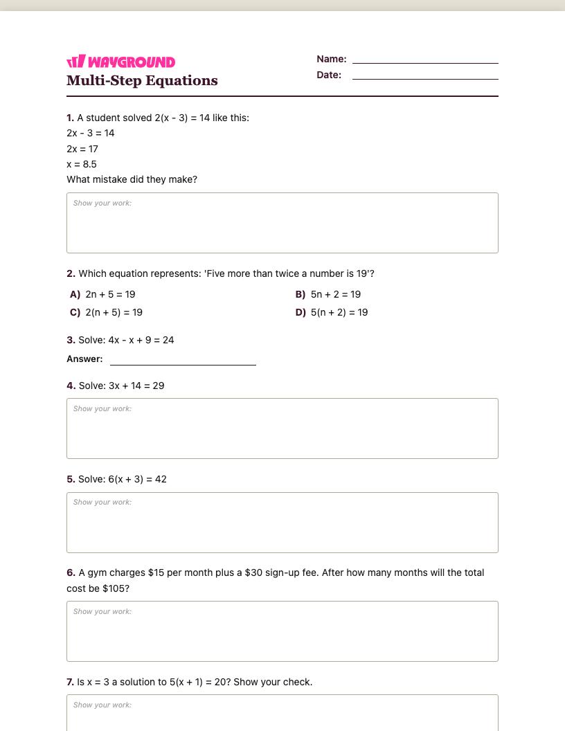 Multi-Step Equations Worksheet - Nadający się do druku Równania-wieloetapowe Karty-pracy Klasa 6 - Quizizz