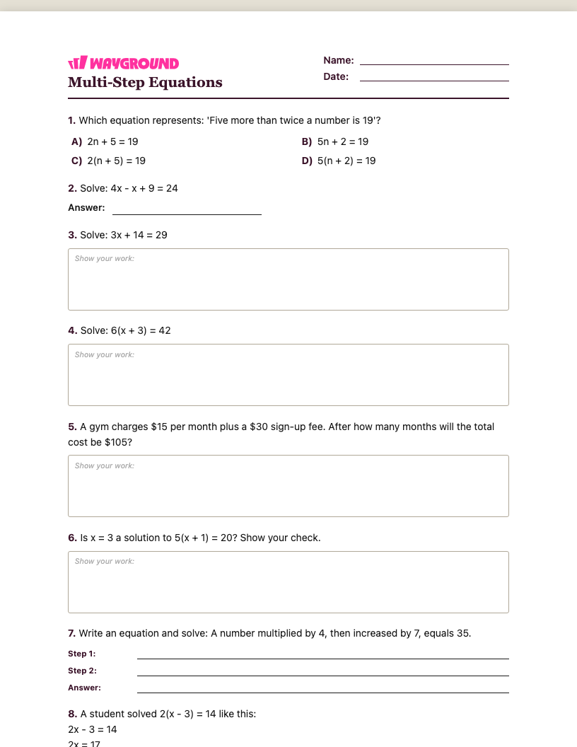 Multi-Step Equations Worksheet - Nadający się do druku Równania-wieloetapowe Karty-pracy Klasa 6 - Quizizz