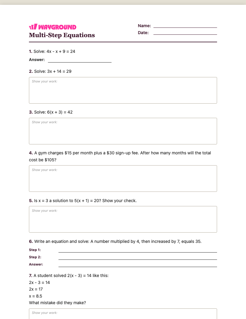 Multi-Step Equations Worksheet - Nadający się do druku Równania-wieloetapowe Karty-pracy Klasa 6 - Quizizz