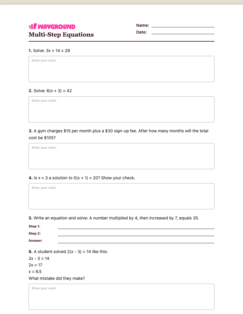 Multi-Step Equations Worksheet - Nadający się do druku Równania-wieloetapowe Karty-pracy Klasa 6 - Quizizz