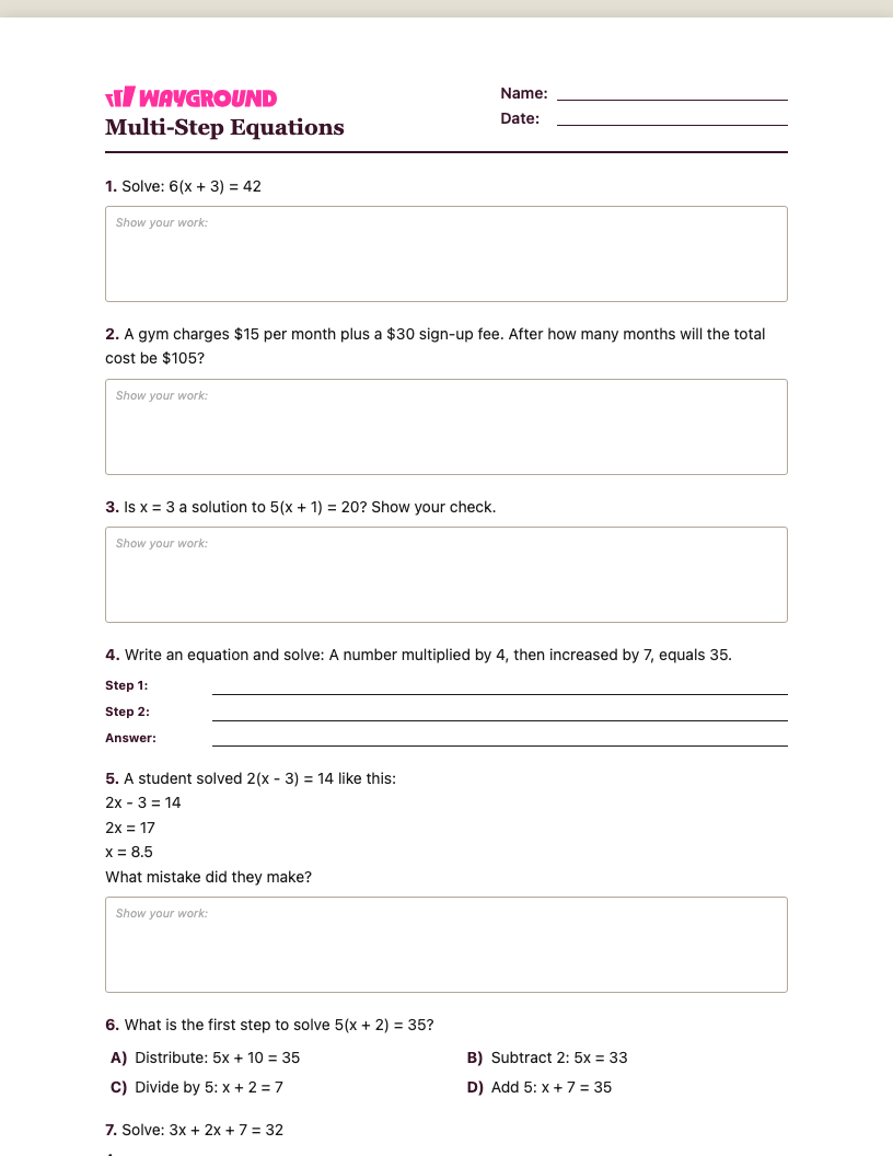 Multi-Step Equations Worksheet - Nadający się do druku Równania-wieloetapowe Karty-pracy Klasa 6 - Quizizz