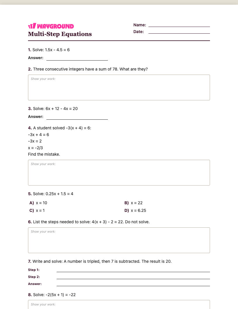 Multi-Step Equations Worksheet - Dapat dicetak Równania-wieloetapowe Karty-pracy Klasa 7 - Quizizz