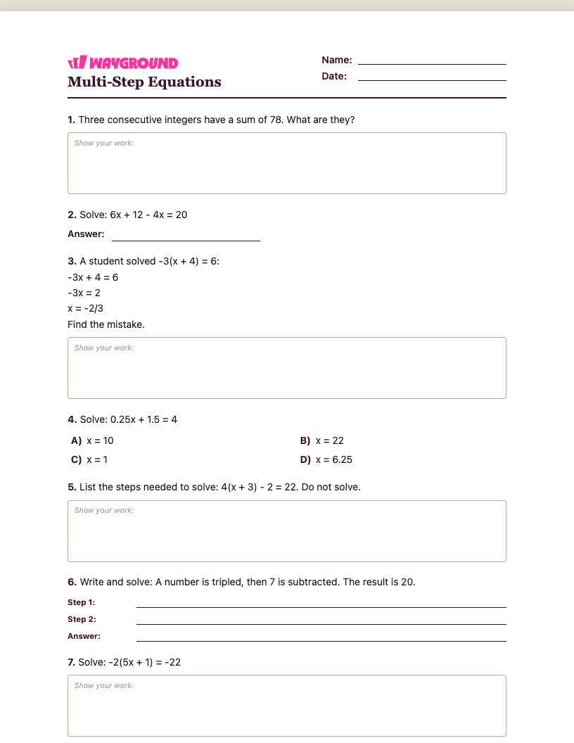 Multi-Step Equations Worksheet - Dapat dicetak Równania-wieloetapowe Karty-pracy Klasa 7 - Quizizz