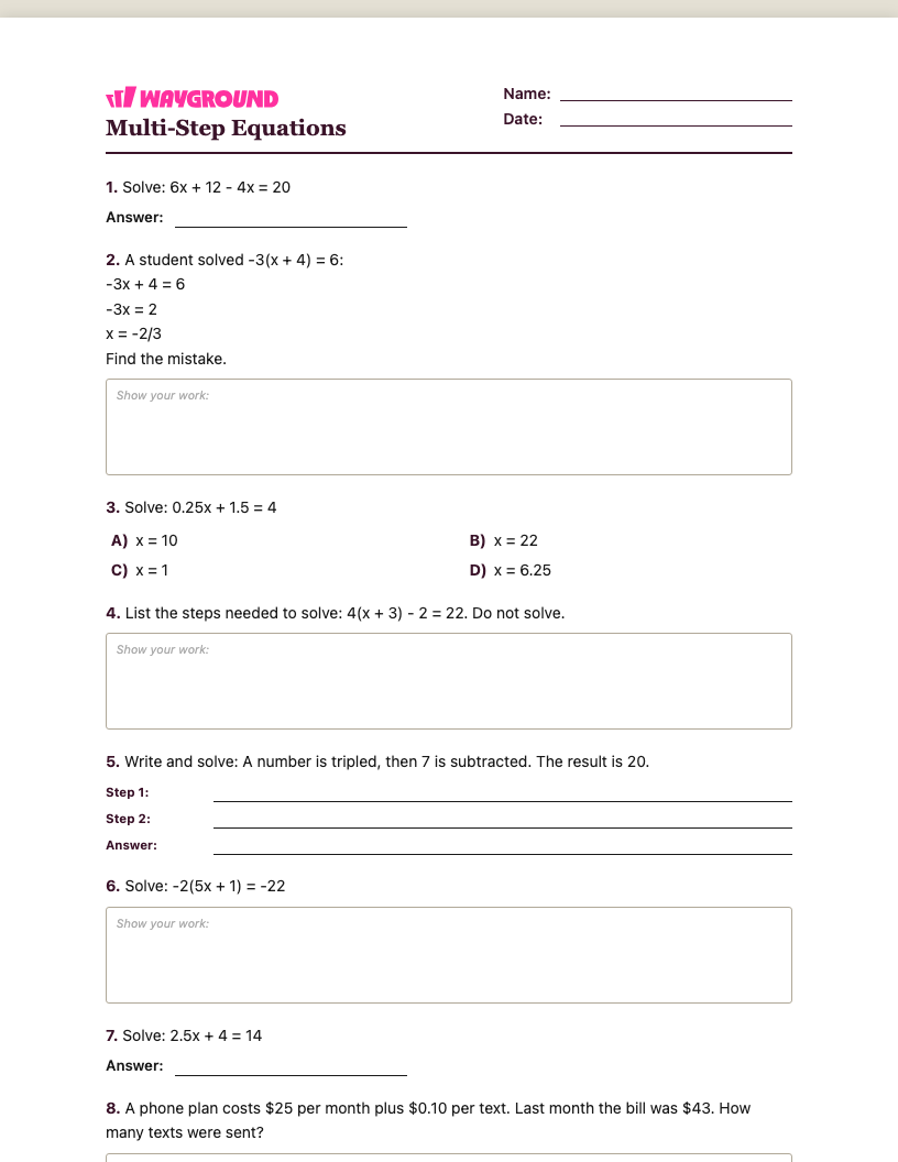 Multi-Step Equations Worksheet - Dapat dicetak Równania-wieloetapowe Karty-pracy Klasa 7 - Quizizz