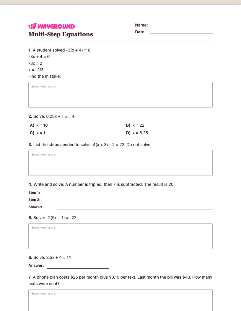 Multi-Step Equations Worksheet - Dapat dicetak Równania-wieloetapowe Karty-pracy Klasa 7 - Quizizz