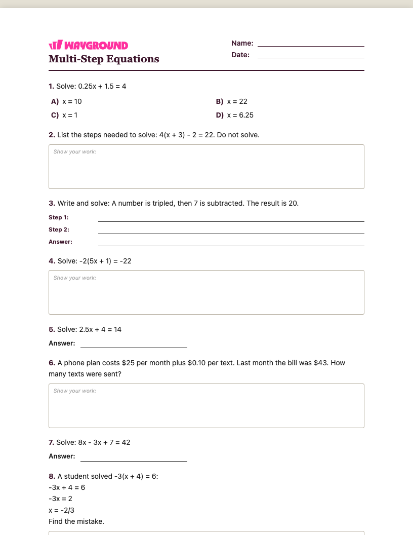 Multi-Step Equations Worksheet - Dapat dicetak Równania-wieloetapowe Karty-pracy Klasa 7 - Quizizz