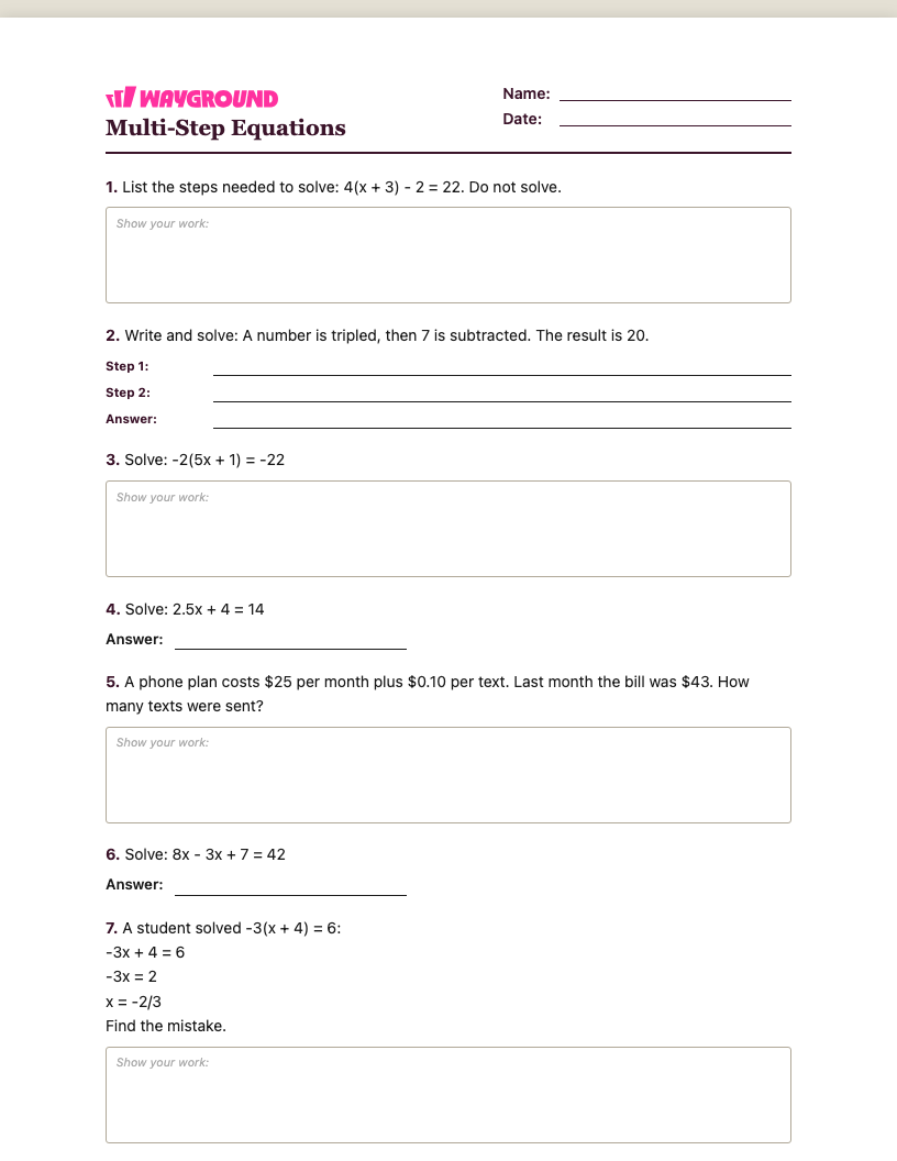 Multi-Step Equations Worksheet - Dapat dicetak Równania-wieloetapowe Karty-pracy Klasa 7 - Quizizz