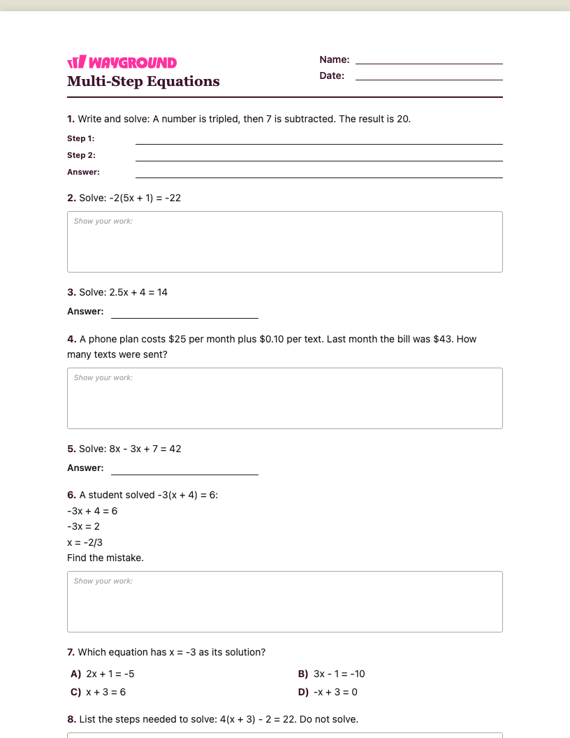Multi-Step Equations Worksheet - Dapat dicetak Równania-wieloetapowe Karty-pracy Klasa 7 - Quizizz