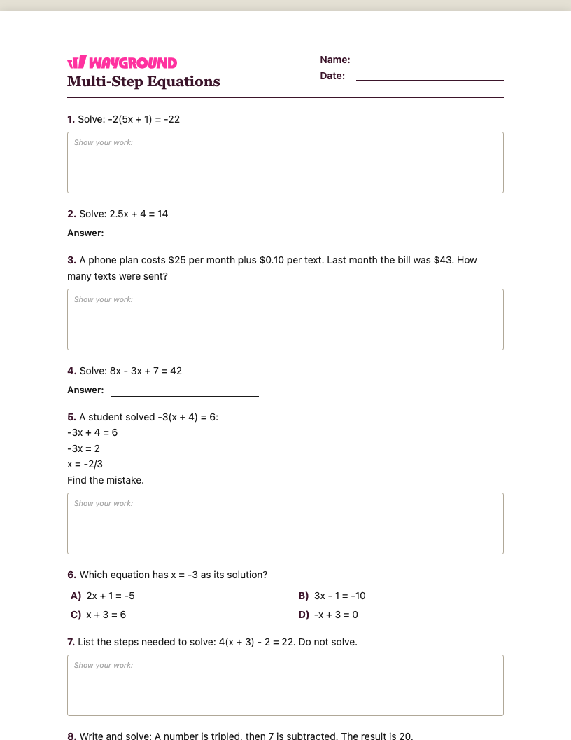 Multi-Step Equations Worksheet - Dapat dicetak Równania-wieloetapowe Karty-pracy Klasa 7 - Quizizz