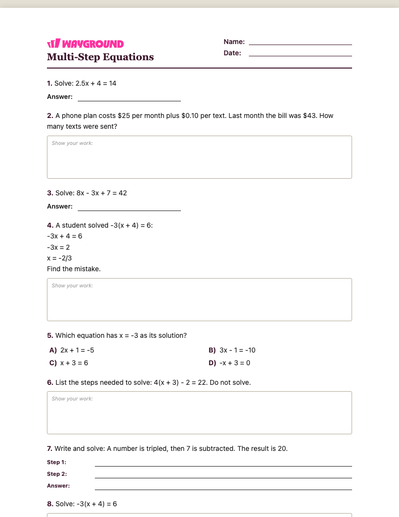 Multi-Step Equations Worksheet - Dapat dicetak Równania-wieloetapowe Karty-pracy Klasa 7 - Quizizz