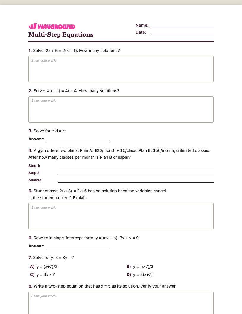 Multi-Step Equations Worksheet - Printable Równania-wieloetapowe Karty-pracy Klasa 8 - Quizizz