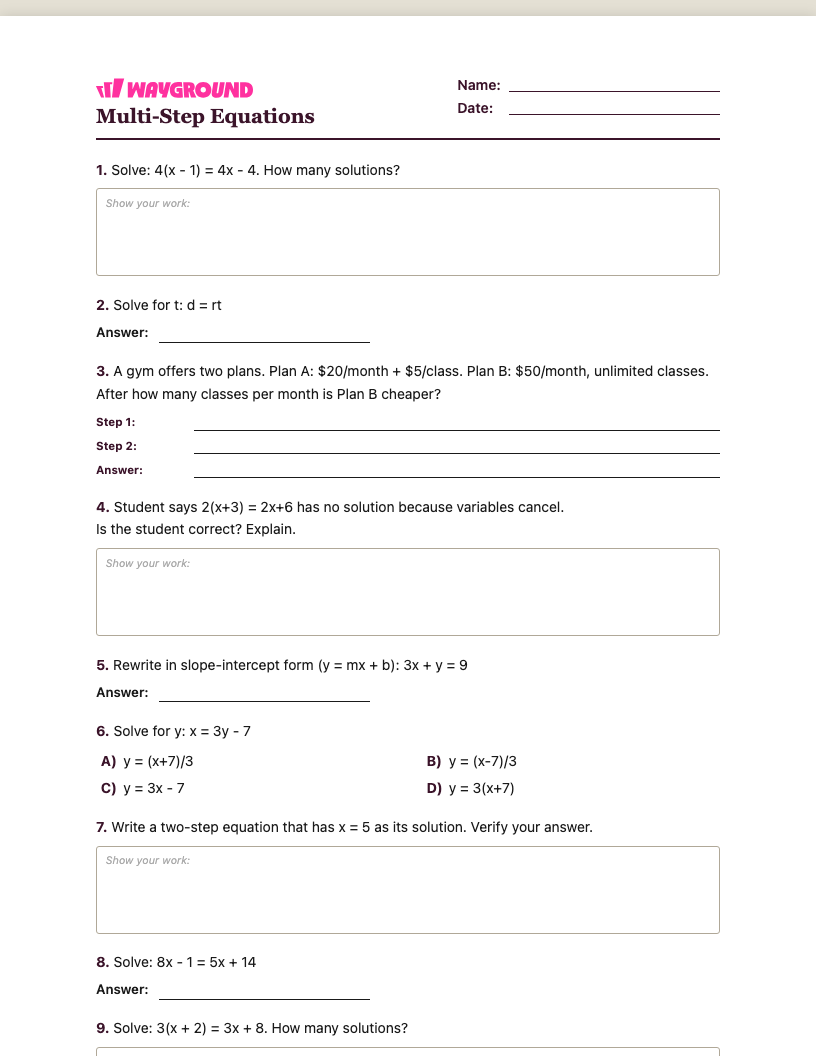 Multi-Step Equations Worksheet - Printable Równania-wieloetapowe Karty-pracy Klasa 8 - Quizizz