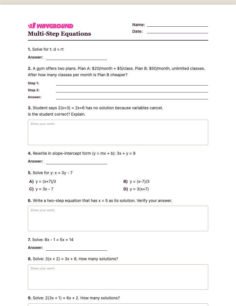 Multi-Step Equations Worksheet - Printable Równania-wieloetapowe Karty-pracy Klasa 8 - Quizizz