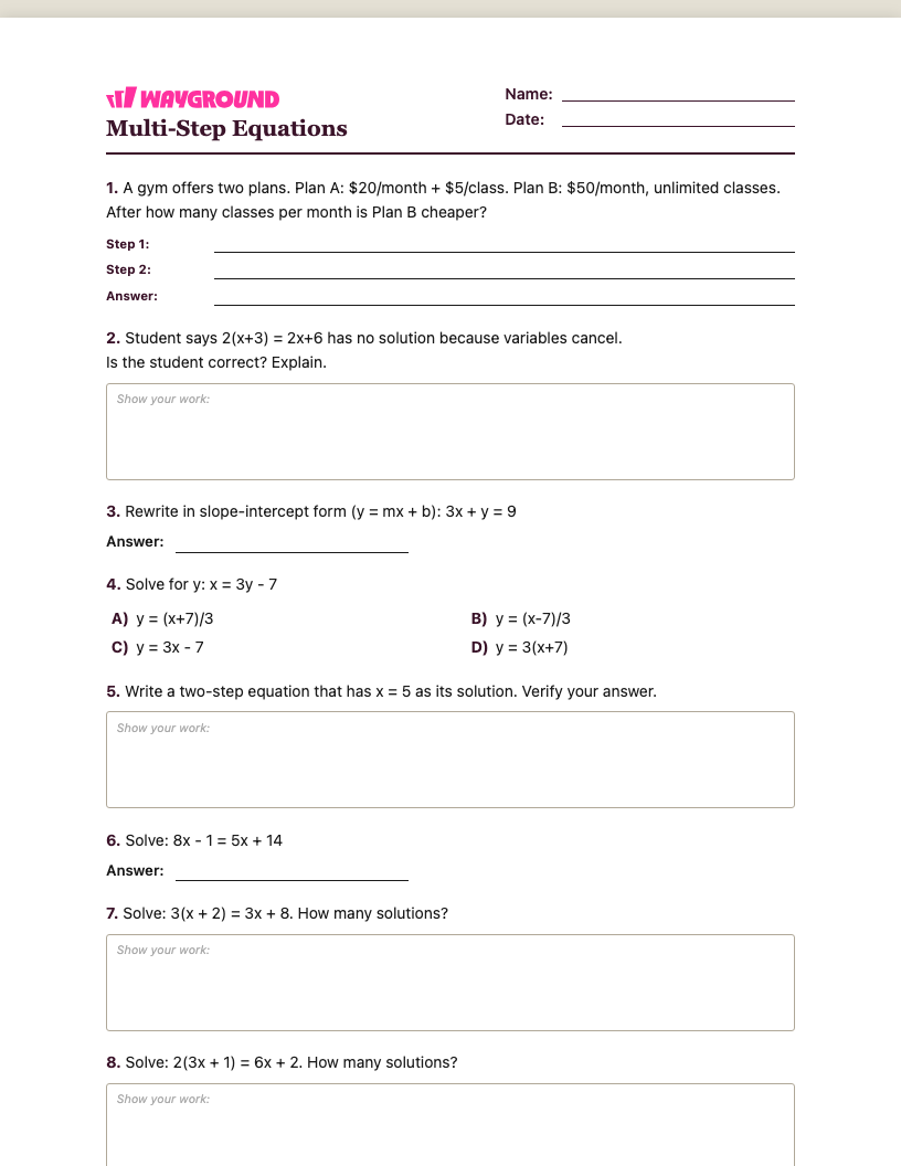 Multi-Step Equations Worksheet - Printable Równania-wieloetapowe Karty-pracy Klasa 8 - Quizizz