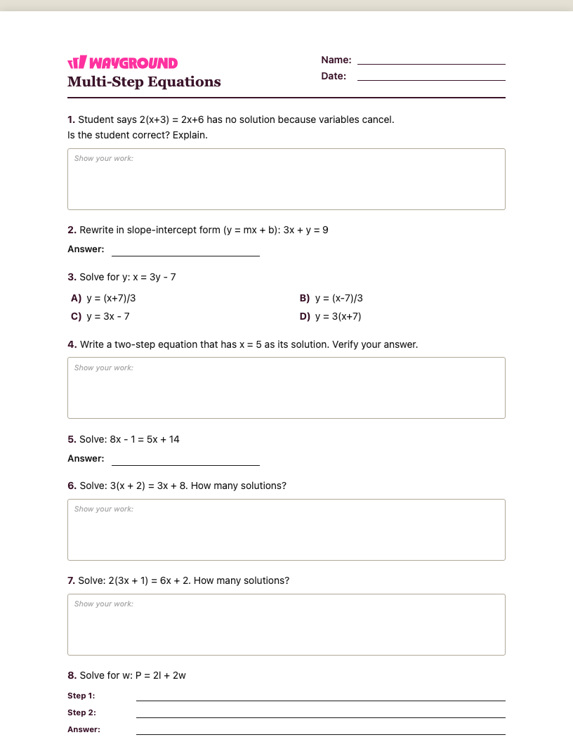 Multi-Step Equations Worksheet - Printable Równania-wieloetapowe Karty-pracy Klasa 8 - Quizizz