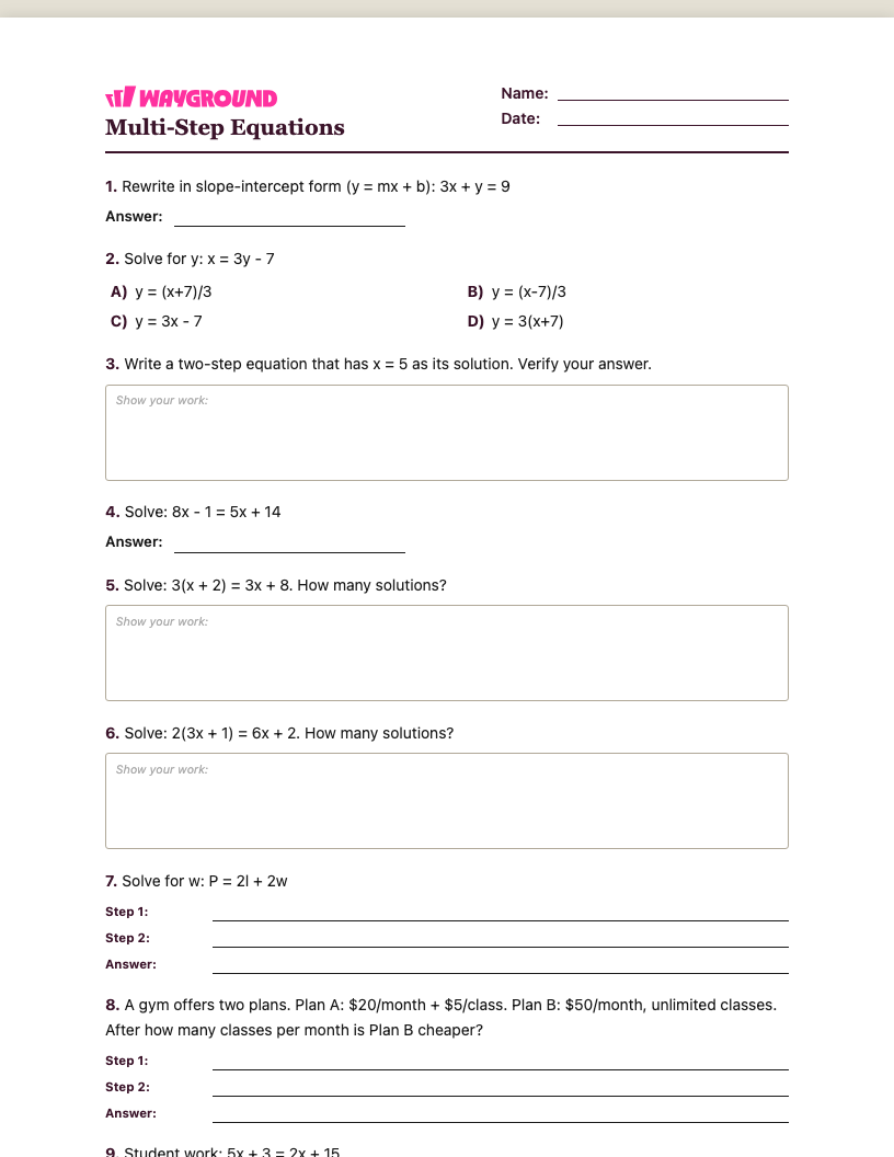 Multi-Step Equations Worksheet - Printable Równania-wieloetapowe Karty-pracy Klasa 8 - Quizizz