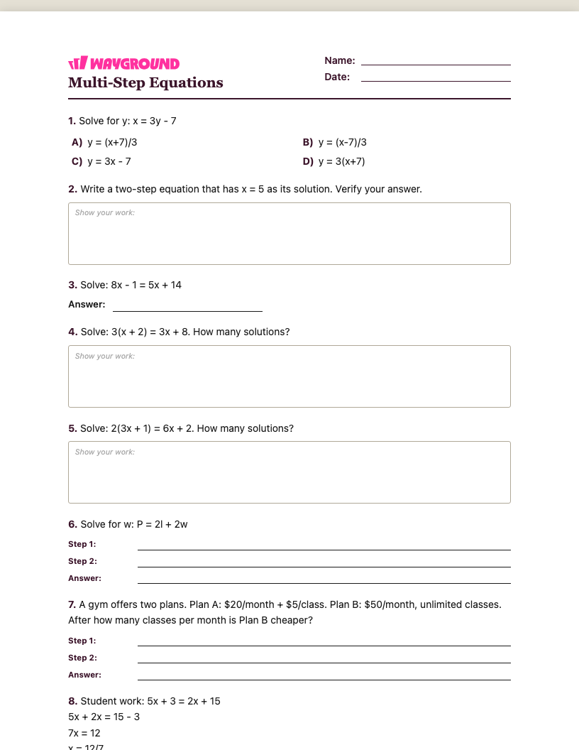 Multi-Step Equations Worksheet - Printable Równania-wieloetapowe Karty-pracy Klasa 8 - Quizizz