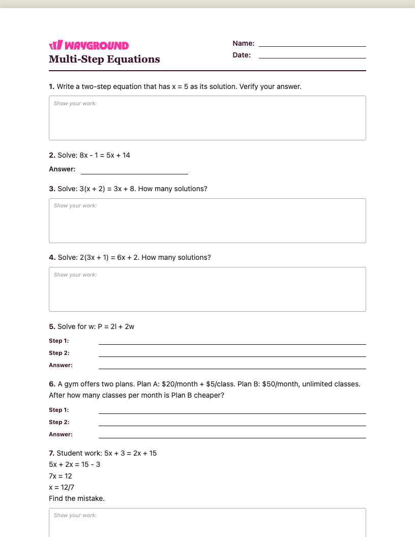 Multi-Step Equations Worksheet - Printable Równania-wieloetapowe Karty-pracy Klasa 8 - Quizizz