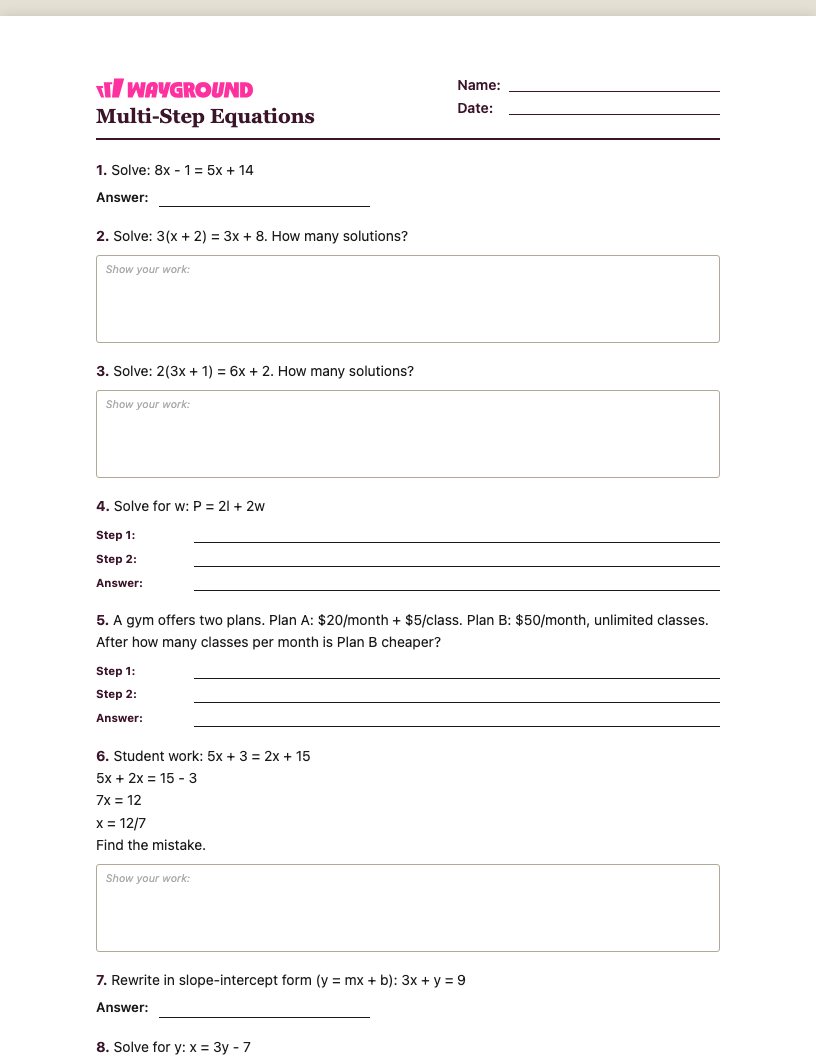 Multi-Step Equations Worksheet - Printable Równania-wieloetapowe Karty-pracy Klasa 8 - Quizizz