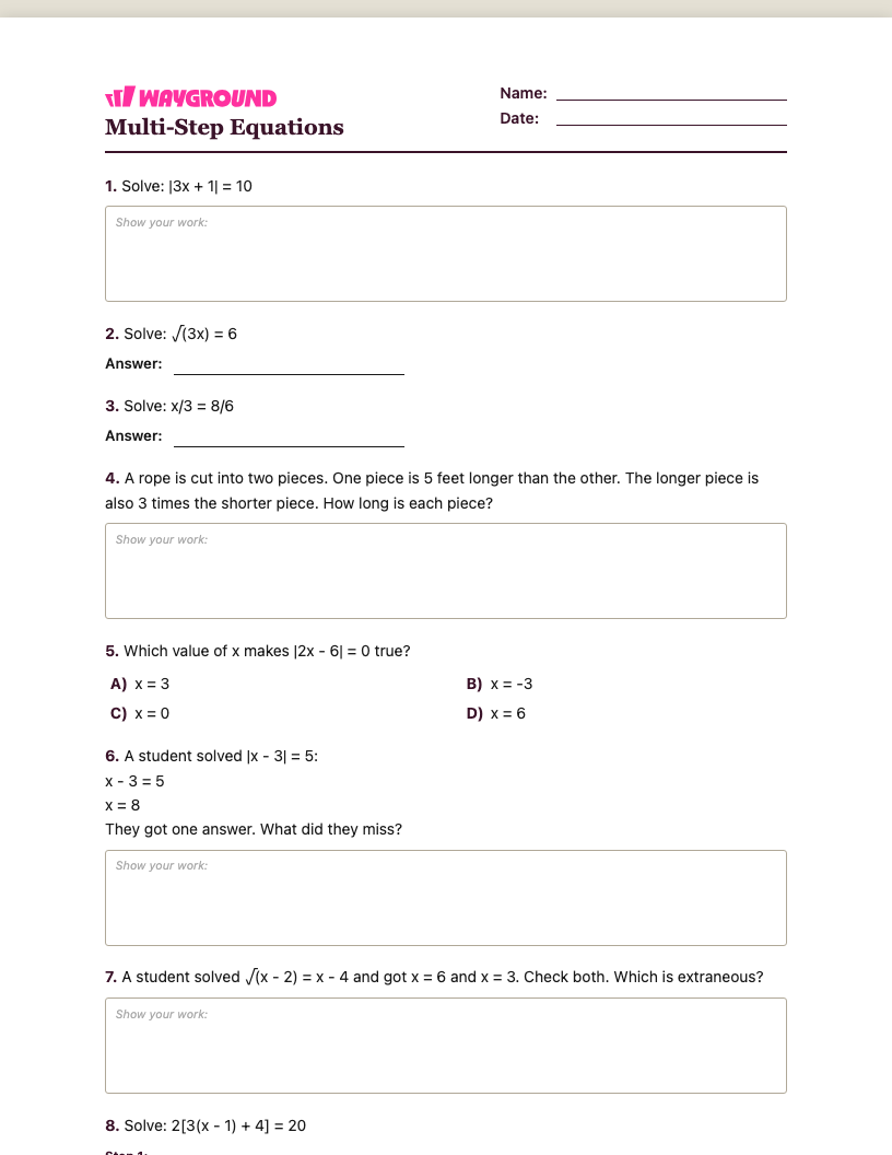Multi-Step Equations Worksheet - Dapat dicetak Równania-wieloetapowe Karty-pracy Klasa 9 - Quizizz