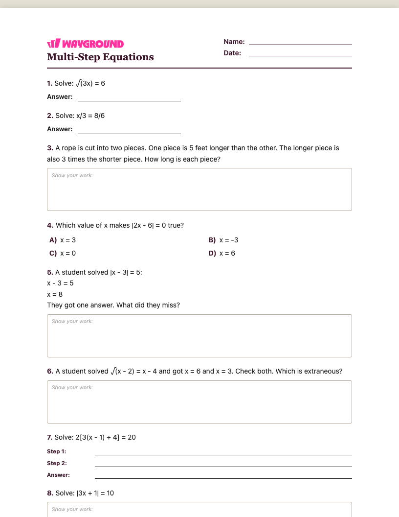 Multi-Step Equations Worksheet - Dapat dicetak Równania-wieloetapowe Karty-pracy Klasa 9 - Quizizz