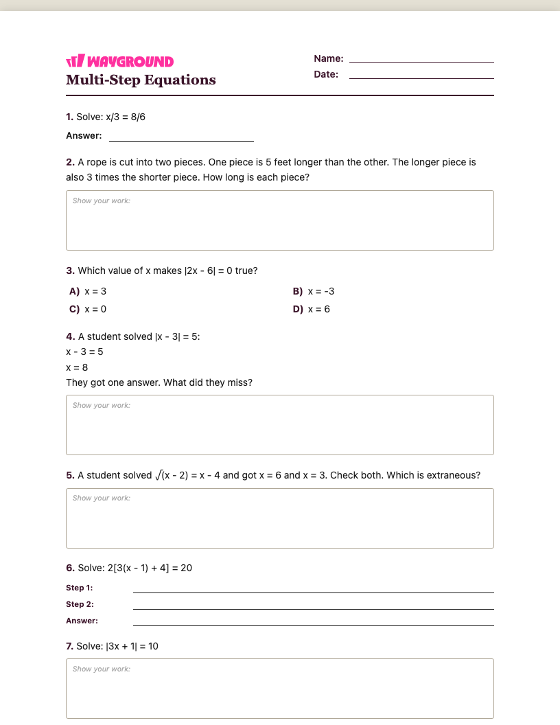Multi-Step Equations Worksheet - Dapat dicetak Równania-wieloetapowe Karty-pracy Klasa 9 - Quizizz