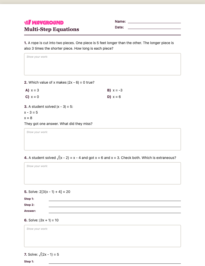 Multi-Step Equations Worksheet - Dapat dicetak Równania-wieloetapowe Karty-pracy Klasa 9 - Quizizz