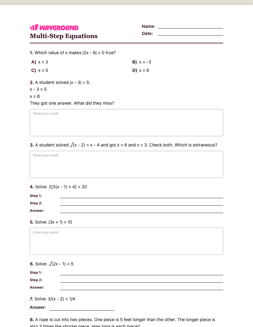 Multi-Step Equations Worksheet - Dapat dicetak Równania-wieloetapowe Karty-pracy Klasa 9 - Quizizz