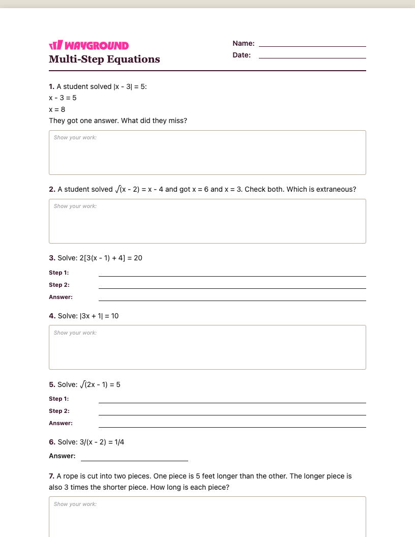 Multi-Step Equations Worksheet - Dapat dicetak Równania-wieloetapowe Karty-pracy Klasa 9 - Quizizz