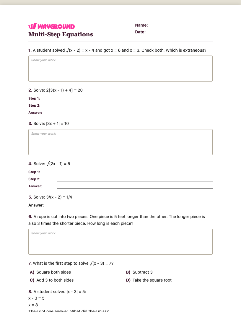 Multi-Step Equations Worksheet - Dapat dicetak Równania-wieloetapowe Karty-pracy Klasa 9 - Quizizz