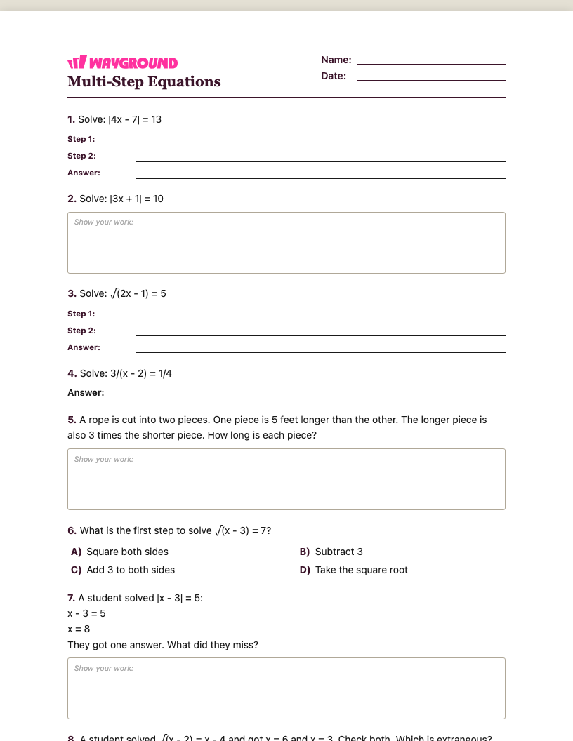 Multi-Step Equations Worksheet - Dapat dicetak Równania-wieloetapowe Karty-pracy Klasa 9 - Quizizz
