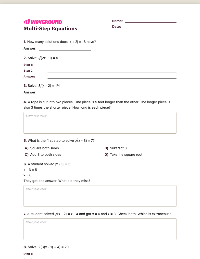 Multi-Step Equations Worksheet - Dapat dicetak Równania-wieloetapowe Karty-pracy Klasa 9 - Quizizz