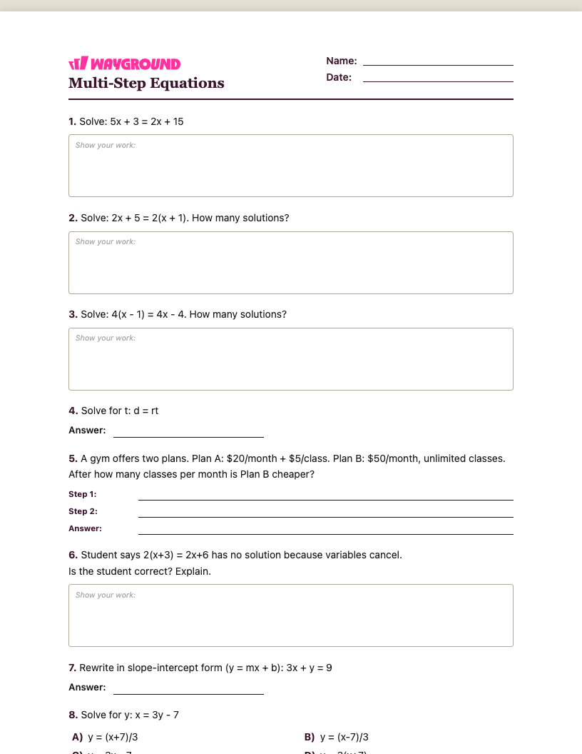 Multi-Step Equations Worksheet - Có thể in Phương-trình-nhiều-bước Phiếu-bài-tập - Quizizz