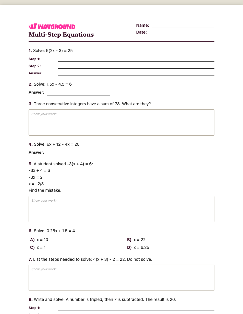 Multi-Step Equations Worksheet - Có thể in Phương-trình-nhiều-bước Phiếu-bài-tập - Quizizz