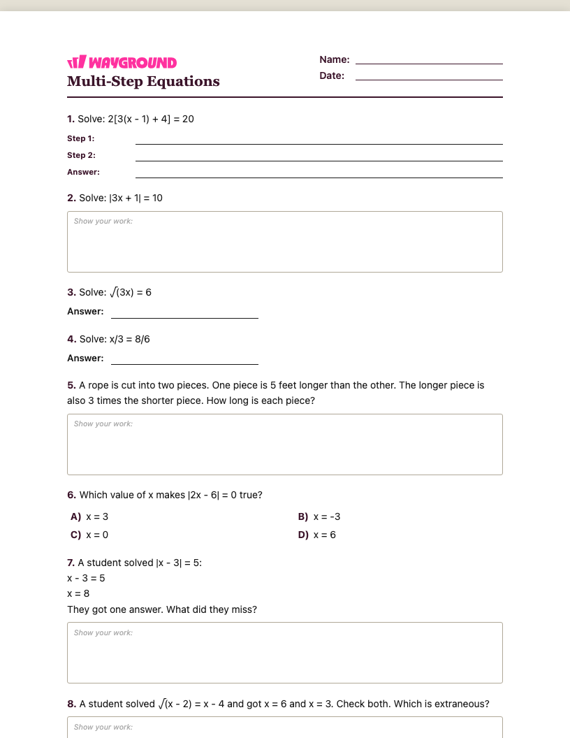 Multi-Step Equations Worksheet - Có thể in Phương-trình-nhiều-bước Phiếu-bài-tập - Quizizz