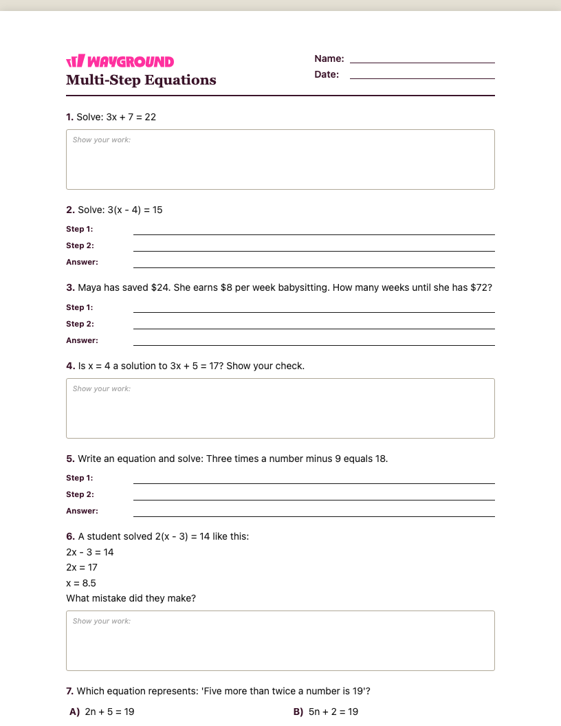 Multi-Step Equations Worksheet - Có thể in Phương-trình-nhiều-bước Phiếu-bài-tập - Quizizz