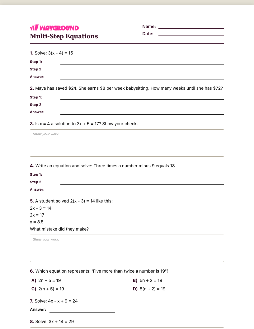 Multi-Step Equations Worksheet - Có thể in Phương-trình-nhiều-bước Phiếu-bài-tập - Quizizz