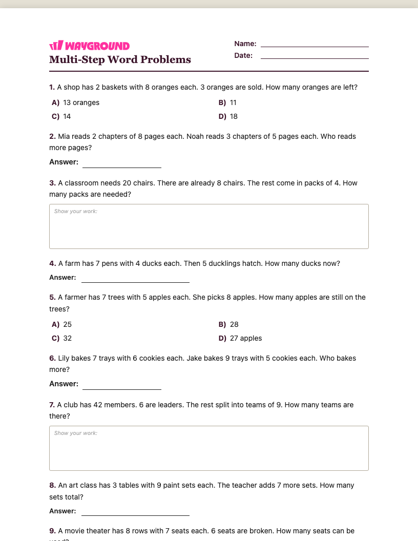 Multi-Step Word Problems Worksheet - พิมพ์ได้ โจทย์ปัญหาแบบหลายขั้นตอน เวิร์กชีท ระดับ 3 - Wayground