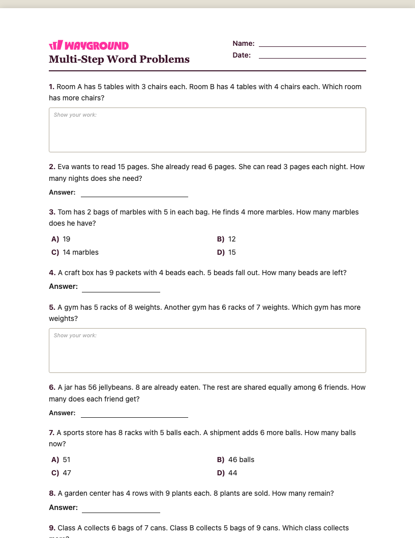 Multi-Step Word Problems Worksheet - พิมพ์ได้ โจทย์ปัญหาแบบหลายขั้นตอน เวิร์กชีท ระดับ 3 - Wayground