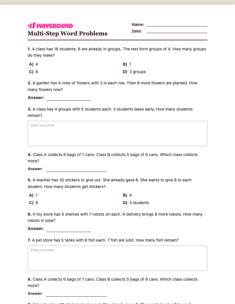 Multi-Step Word Problems Worksheet - พิมพ์ได้ โจทย์ปัญหาแบบหลายขั้นตอน เวิร์กชีท ระดับ 3 - Wayground