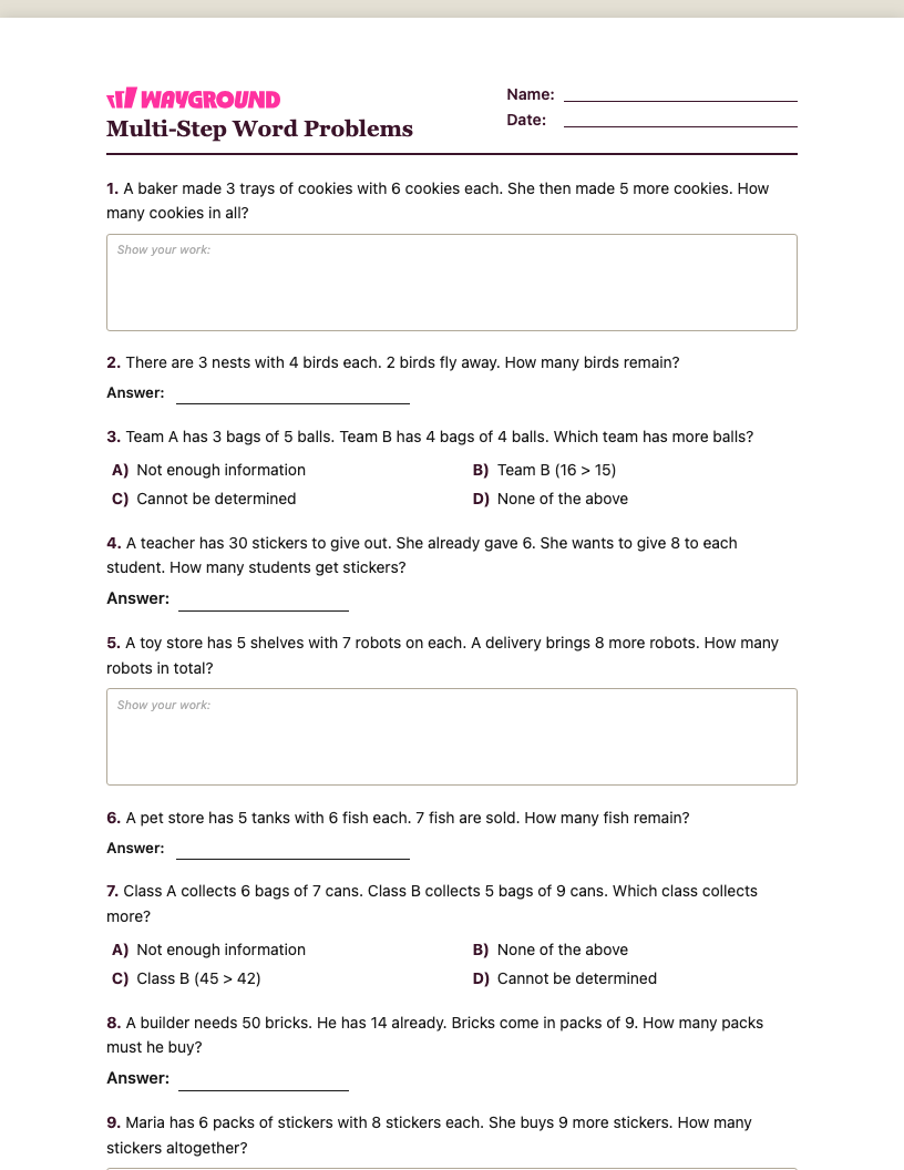Multi-Step Word Problems Worksheet - พิมพ์ได้ โจทย์ปัญหาแบบหลายขั้นตอน เวิร์กชีท - Wayground