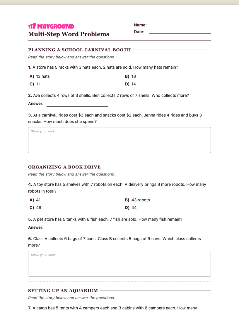Multi-Step Word Problems Worksheet - พิมพ์ได้ โจทย์ปัญหาแบบหลายขั้นตอน เวิร์กชีท ระดับ 3 - Wayground