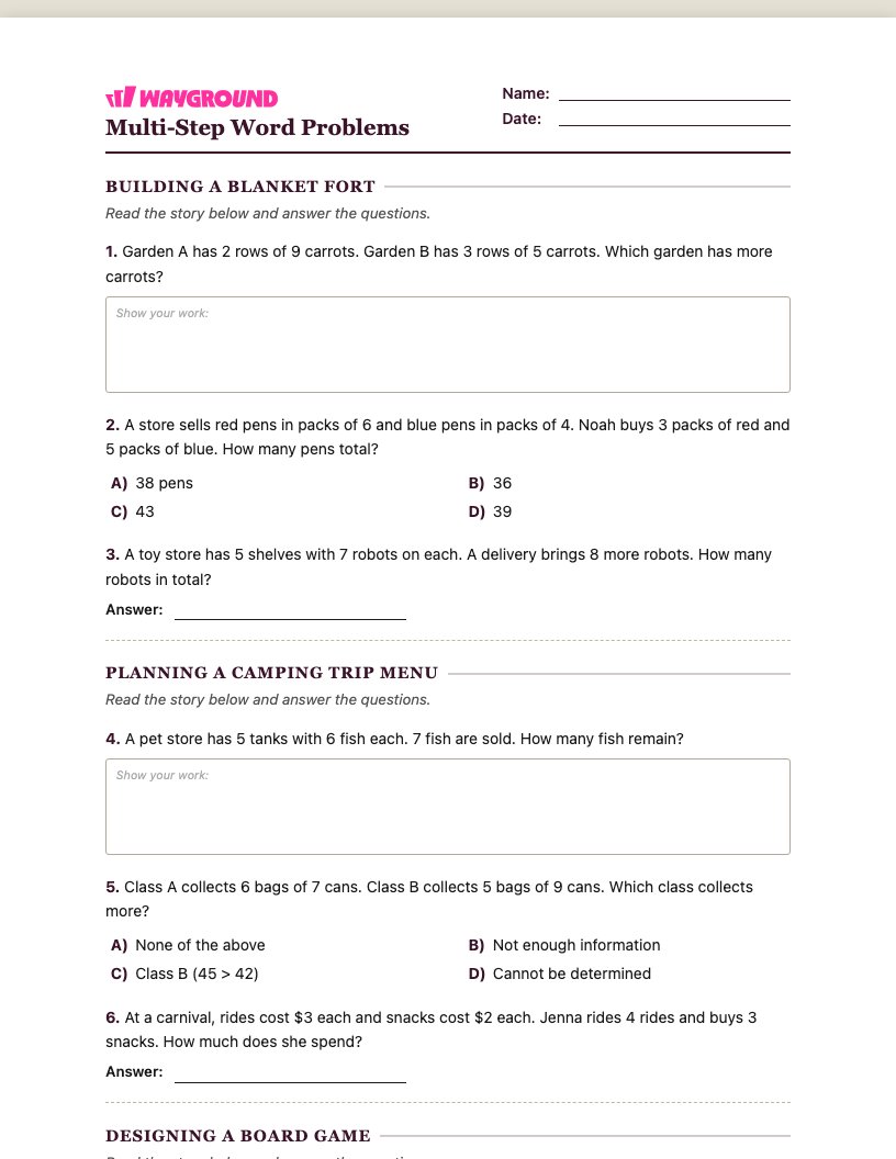 Multi-Step Word Problems Worksheet - พิมพ์ได้ โจทย์ปัญหาแบบหลายขั้นตอน เวิร์กชีท ระดับ 3 - Wayground