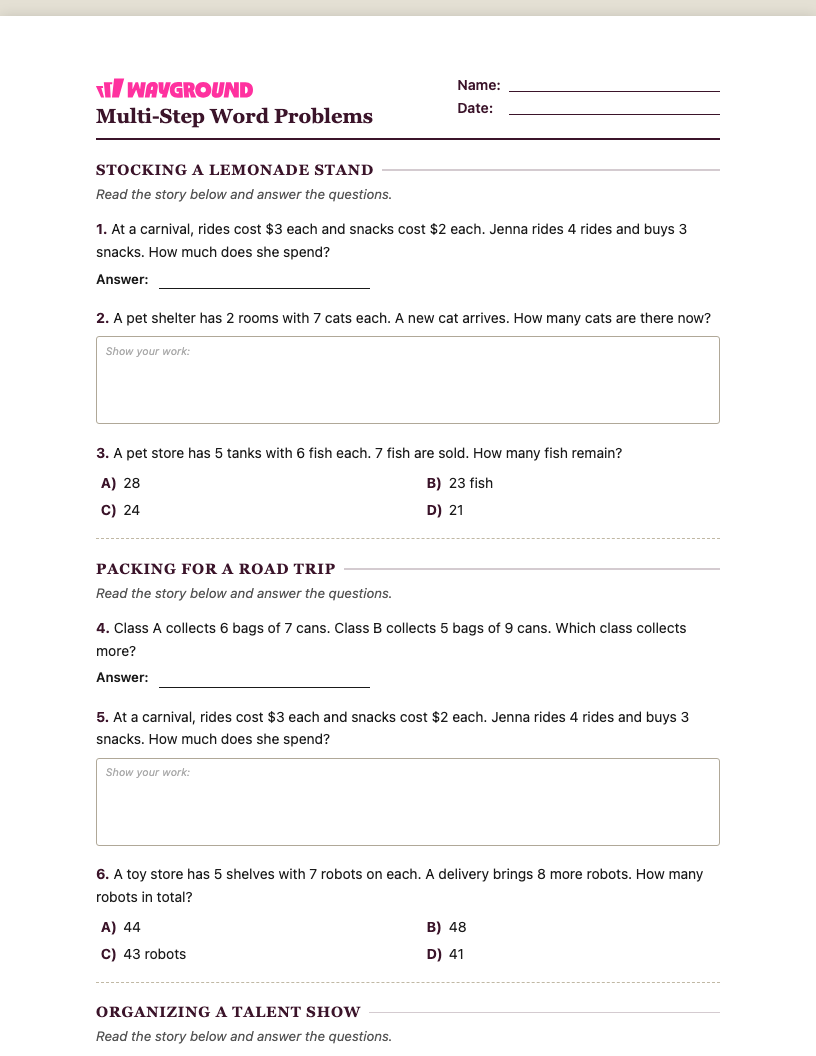 Multi-Step Word Problems Worksheet - พิมพ์ได้ โจทย์ปัญหาแบบหลายขั้นตอน เวิร์กชีท ระดับ 3 - Wayground